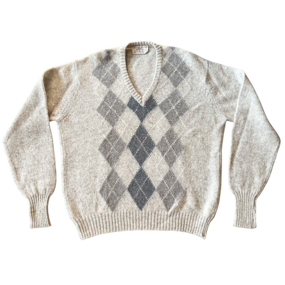 Vintage Shetland Wool Grandpa Sweater Argyle V Neck Preppy Academia Retro Cabin